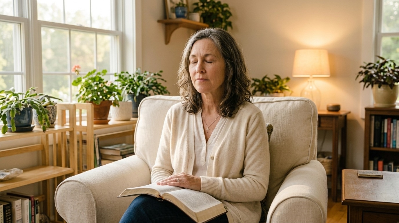 Ruth in peaceful morning prayer with Bible